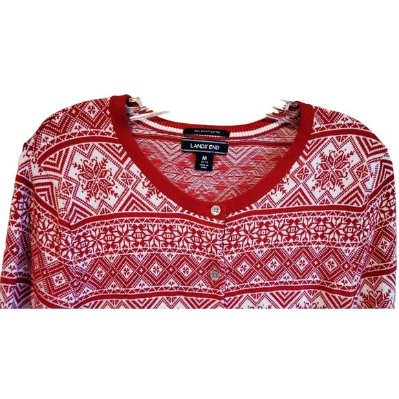 LANDS END Women's M Cardigan Sweater Nordic Snowflake Button Up Supima Cotton - Picture 2 of 8